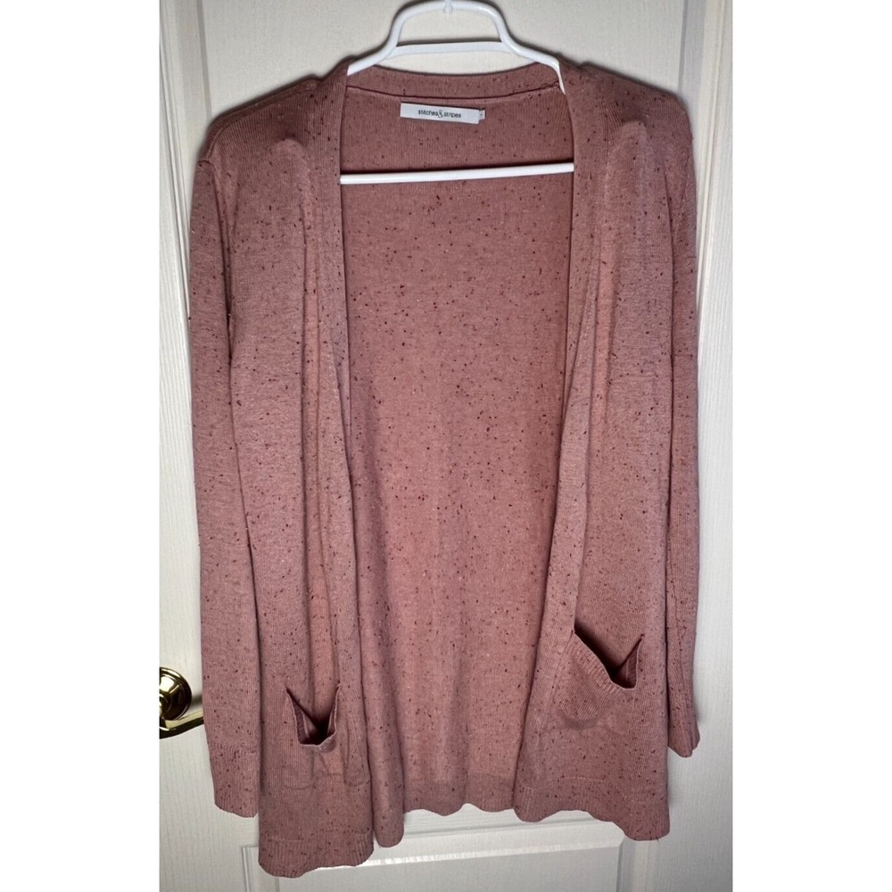 Stitches and Stripes Long Line Pink Mauve Speckled Cardigan Pockets ~ Size Large